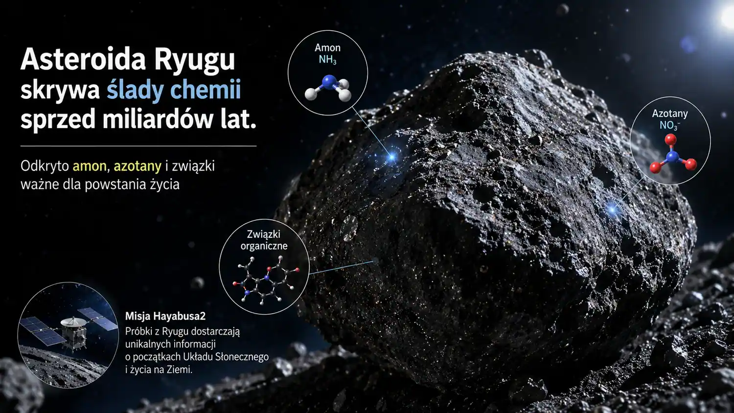 Asteroida Ryugu skrywa ślady chemii sprzed miliardów lat. Odkryto amon, azotany i związki ważne dla powstania życia