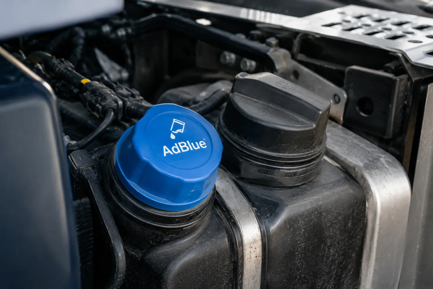 Niebieski korek adblue w komorze silnika